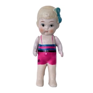 Antique 1920s Kewpie Doll | Porcelain Japanese Marked | Pink Bathing Suit | Jointed Arms | Collectible Figurine