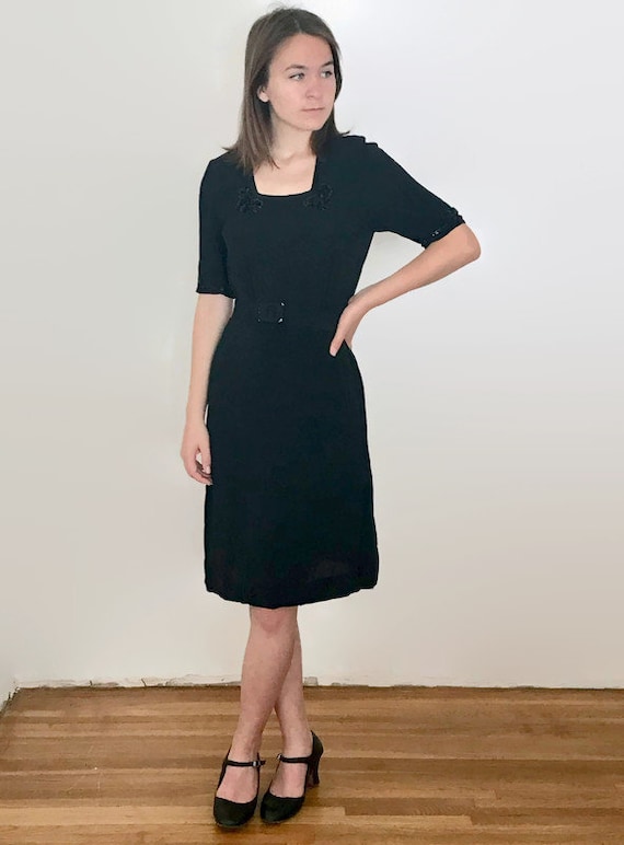 Vintage 1940s Black Sequin Belted Dress