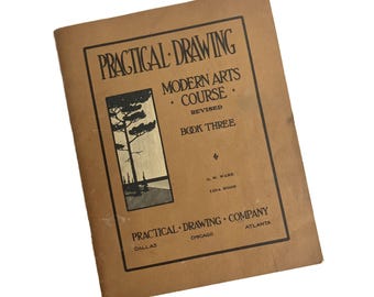 Rare 1919 « Cours de dessin pratique d'arts modernes », livre 3 : couverture brune, exercices d'élèves remplis