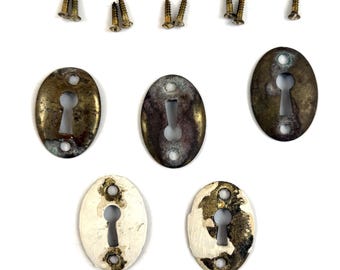 Vintage 1929 Brass-Plated Keyhole Covers | Set of 8 with Original Screws | Architectural Salvage