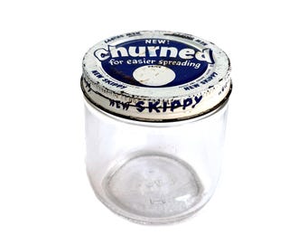 Vintage Skippy Churned Peanut Butter Jar | Blue White Metal Lid | Retro Kitchen Decor