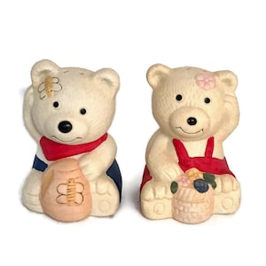 Saleiro e pimenteiro vintage Honey Bear: decoração de cozinha em cerâmica de meados do século