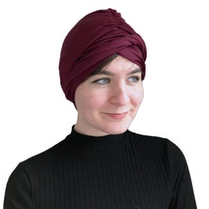 Vintage Burgundy Turban Scarf | 1960s Rayon Head Wrap | Wine Red Retro Hair Covering | Handmade Stretchy Headpiece