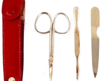 Vintage German Cowhide Leather Manicure Kit: Travel Grooming Set