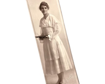 Edwardian Studio Portrait | Young Woman in White Dress, Embossed 2x6 Print