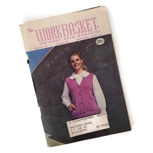 May include: The Workbasket and Home Arts Magazine, Volume 35, September 1970. The cover features a woman wearing a white blouse with a pink crocheted vest and a white collar. The magazine is priced at 25 cents.