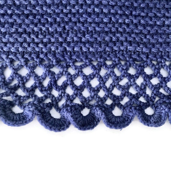 Vintage Indigo Scalloped Lattice-Edge Hand Knit W… - image 5