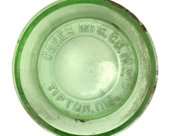 Vintage Oakes Mfg. Co. Green Glass Chick Waterer Base | Tipton Indiana Farmhouse Dish