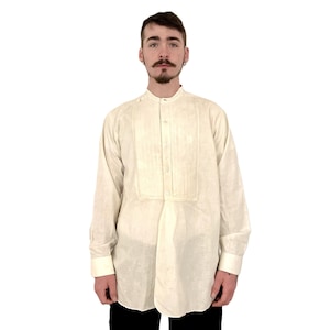 Antique 1910s Men&#39;s Collarless Dress Shirt | Edwardian Formal Wear | Pleated Bib Front | Custom Made | Vintage Button Down 16 1/8