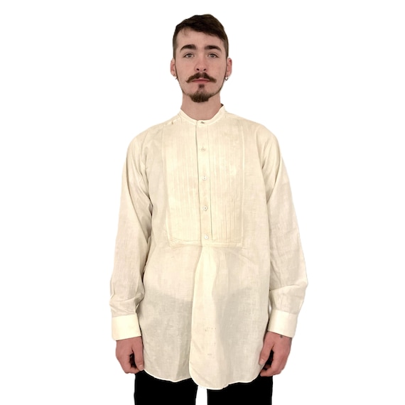 Antique Edwardian Men's Collarless Dress Shirt: Pleated Bib, Size 16 1/8