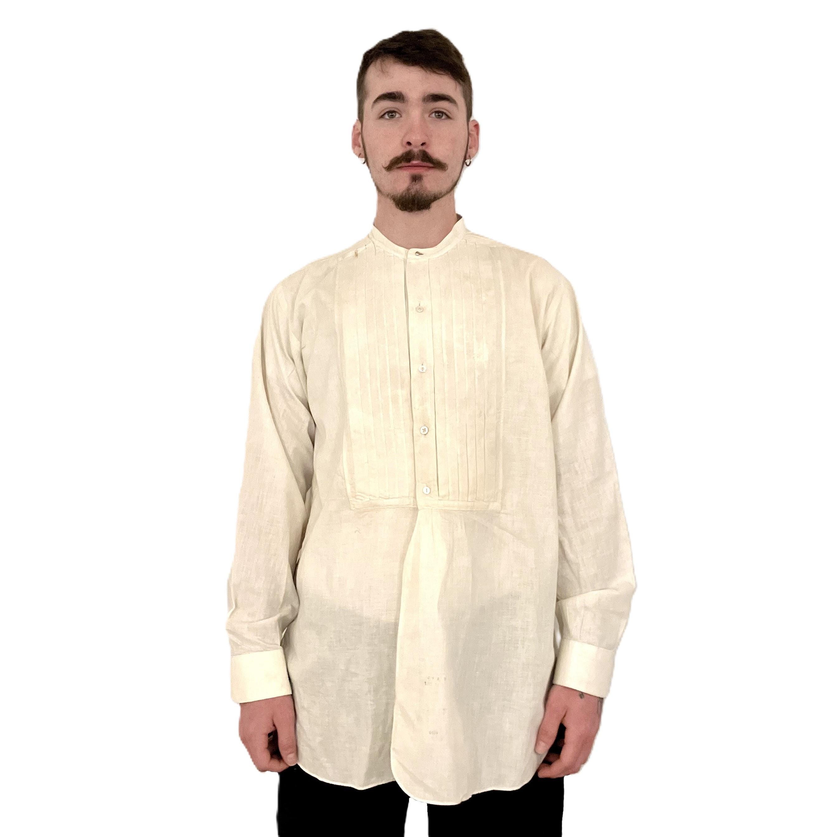 mens collarless dress shirt Antique Edwardian Men's Collarless Dress Shirt: Pleated Bib, Size 16 1/8