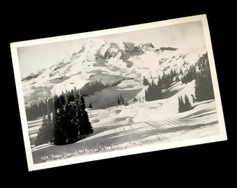 Antique Photo Postcard of Snow Covered Mt. Rainier in the Springtime