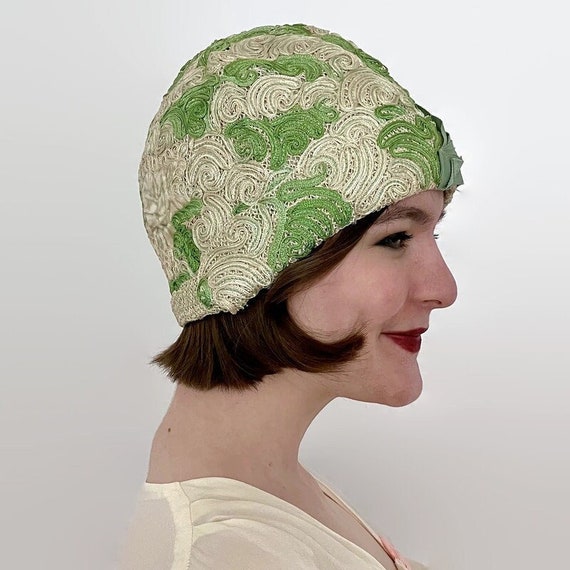 Antique Green and White Velvet and Lace Cloche