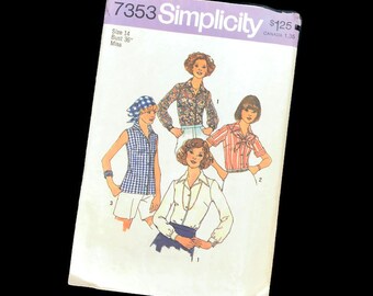 Vintage 70s Simplicity Sewing Pattern 7353: Blouse & Scarf, Size 14