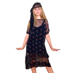 1920s Navy Chiffon Dress: Floral Shift, Handmade Art Deco Gown, Asymmetrical Ruffle