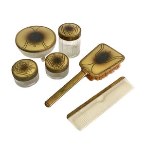 Vintage Mid-Century Waschtisch | Bronzefarbige Glasboudoir | Pinsel Kamm Gläser | Schminktisch Kanister