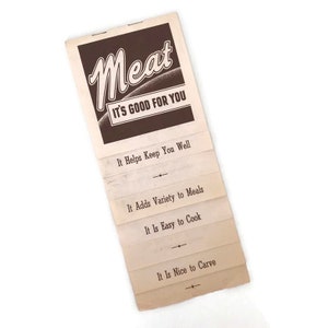 Ulotka Vintage 1940 Meat It's Good For You | National Live Stock Board | Poradnik żywieniowy | Porady dotyczące gotowania w stylu retro | Techniki krojenia mięsa