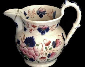 Antique Floral Cream Pitcher | Victorian Porcelain Creamer | Blue Pink Flowers | German Shabby Chic
