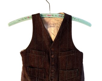 Antique Child’s Brown Striped Wool Vest | Handmade 1910s Vest | 4-Pocket Boys’ Waistcoat