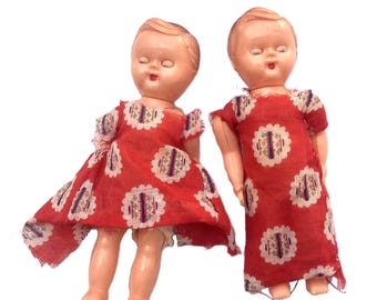 Vintage Hong Kong Twin Baby Dolls | 4.5 Inch Sleep Eyes | Matching Red Dresses