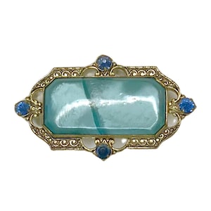Art Deco Brass Brooch | Faux Sapphire & Turquoise Celluloid | Vintage 1920s Jewelry | Antique Pin | Blue Gem Costume Brooch