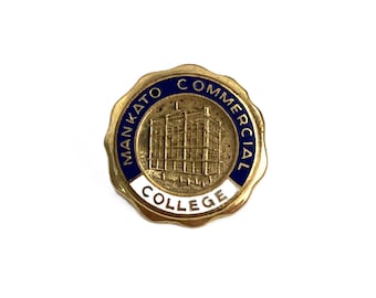 Vintage Commercial College Pin | Blue White Gold | Hook Clasp | School Emblem Lapel Pin