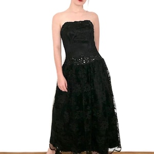 Vintage 1990s Jessica McClintock Dress | Black Lace Strapless | Sequin Bow Gown