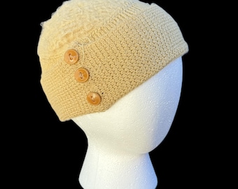 Antique Child Knit Stocking Cap | Tan 3 Button Foldover Hat | Early 1900s