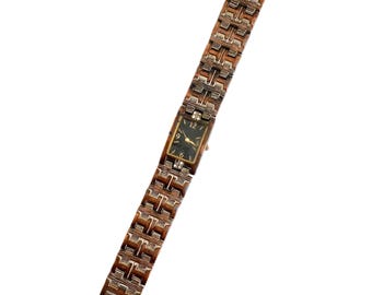 Vintage Allude Copper-Tone Bracelet Watch | Rectangular Black Dial | Rhinestone Accent | Japan Quartz