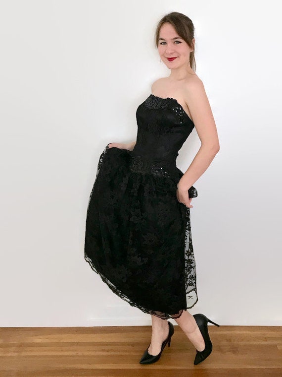 Vintage 1990s Jessica McClintock Black Lace Strap… - image 3