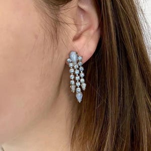 Vintage Blue Rhinestone Earrings | 70s Chandelier Drop | Retro Screw Back Crystal Jewelry