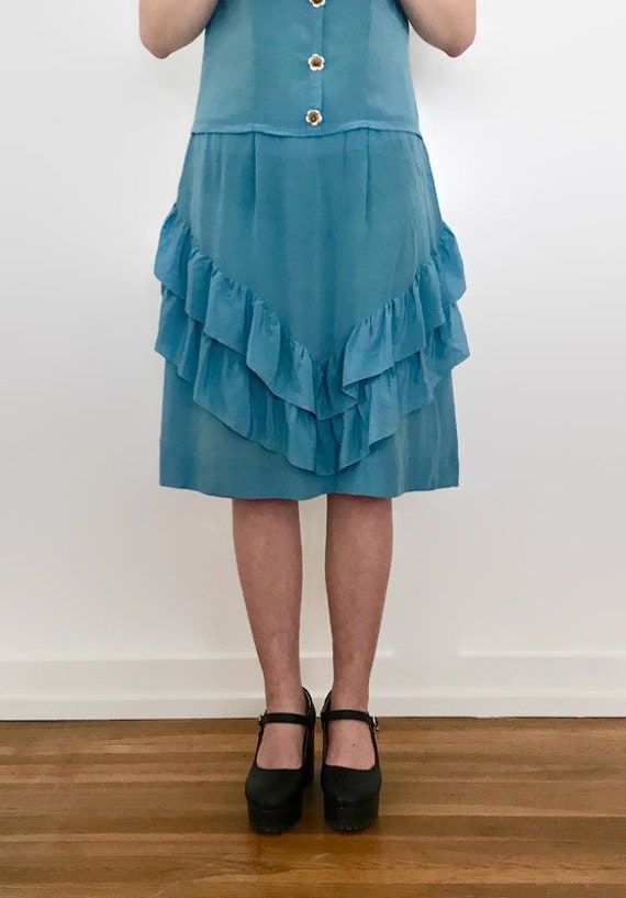 Vintage 1930s Cornflower Blue Silk Tiered Ruffle … - image 3