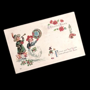 Antike 1914 Weihnachtspostkarte | Poststempel Dez 24 1914 | Kinder Winterszene | "Fröhliche Weihnachten" | Urlaub Ephemera