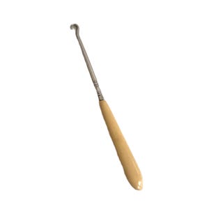 May include: A silver shoe horn with a wooden handle. The handle is a light beige colour and has a rounded end.