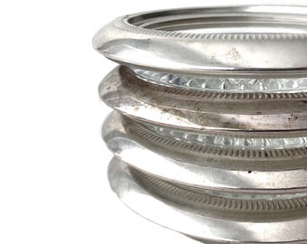 Midcentury Starburst Glass Coasters, Silverplate Rim, Set of 4