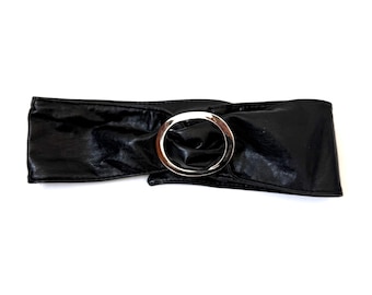 Vintage 1980s Black Leather Wrap Belt | Oversized Silver Oval Ring | Wide Waist Belt