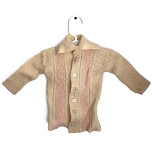 1930s Hand Knit Toddler Cardigan | Vintage Pink Floral Sweater | Cream Wool Garter Stitch | Antique Children’s Wear