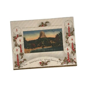 Tarjeta navideña antigua de los años 20 / Torre del Diablo Art Déco SD / Vacaciones Art Nouveau de Ravenswood / Tarjeta de felicitación sin usar con borde dorado