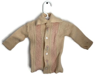 Vintage Pink Flowers Knit Wool Toddler Cardigan