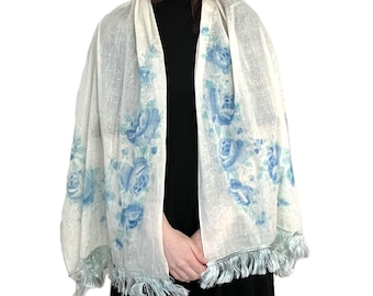 Vintage Floral Fringe Shawl | Ivory Blue Rose Textile Wrap