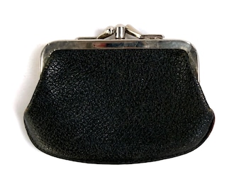 Vintage Black Leather Coin Purse | 2-Pocket Frame Purse | Metal Twist Clasp