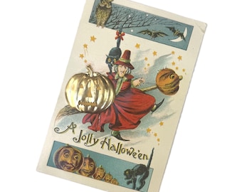 Antique Gottschalk Halloween Postcard | Witch Black Cat | Metal Jack O Lantern Charm