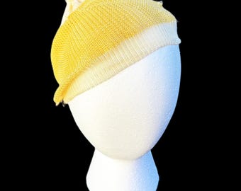 Vintage Yellow and Cream Tam Hat | Ribbed Child’s Beret | 20.5 Inch Circumference