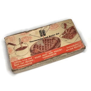 Vintage Thermometer and Baster Set | Midcentury Kitchen Tools | Candy Meat Thermometers | Cooking Aid No. 201 | Original Box & Recipes