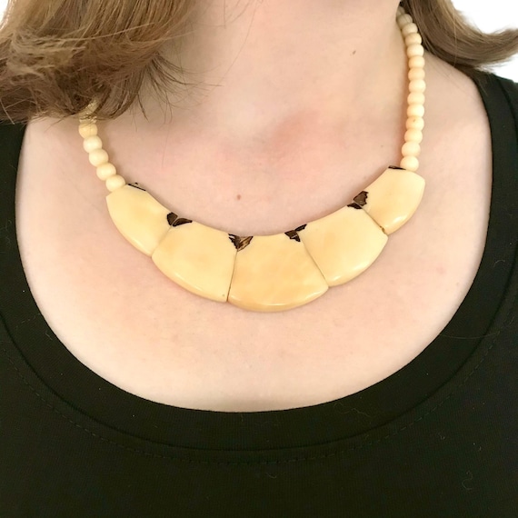 Vintage Bone Panel Statement Necklace: Tribal Boh… - image 1