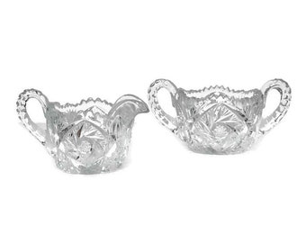 Antique U.S. Glass Co. Artcut Crystal Cream and Sugar Set: Star Sawtooth Pattern