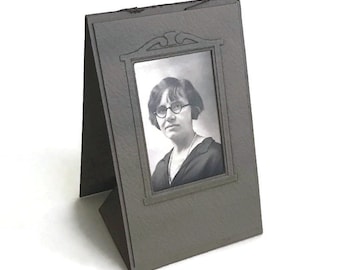 Antique Standing Photo Card: Portrait of a Woman with Round Glasses