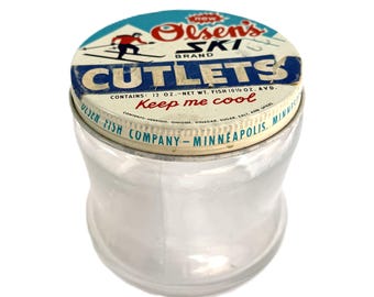 Vintage Ski Brand Cutlets Glass Jar | Mid-Century Minneapolis Seafood Packaging