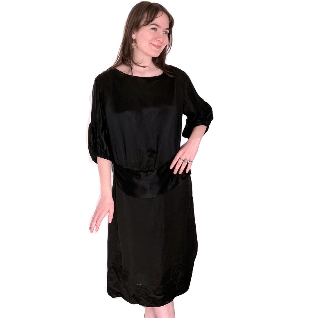 Antique 1920s Black Satin Flapper Dress: Bishop Sleeve, Ruffle Sash - Etsy