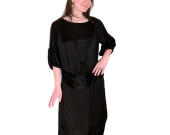 Antique 1920s Black Satin Flapper Dress: Bishop Sleeve, Ruffle Sash